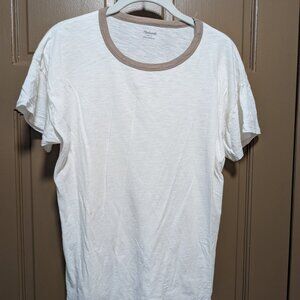Madewell White Ringer Tee Brown Collar Sz L T-Shirt Shirt Ribbed Crewneck
